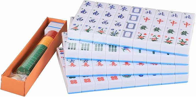 Chinese Mahjong Set, Mahjong Game Set with 146 Numbered Large Tiles (1.5", Blue), Mahjongg Tiles Set with Brown Carrying Case (Mah Jongg, Majiang)
