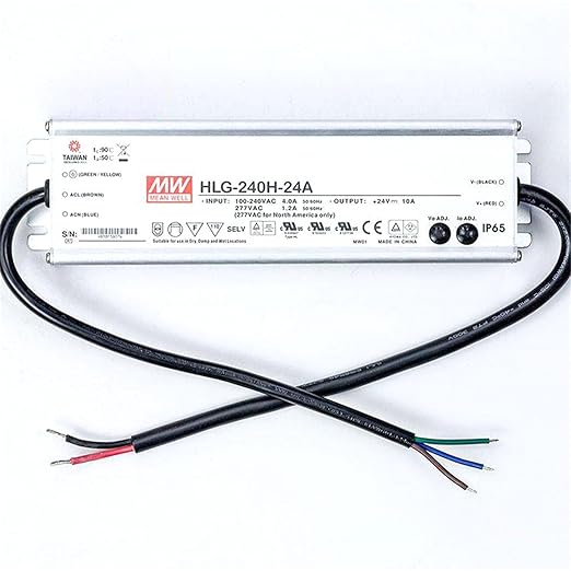 HLG-240H-24A Waterproof LED Driver 24V 10A, 240W -Adjustable Constant Voltage Current, Ideal for Outdoor, Street, Commercial Lighting, High Efficiency Power Supply