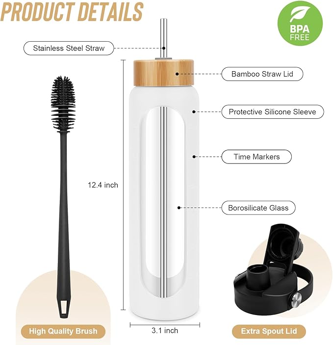 32 oz Glass Water Bottles - 1 Liter Motivational Tumbler Water Bottle Time Marker - Borosilicate Glass Water Bottle With Silicone Sleeve and 2 Lids, Handle Spout Bamboo Straw Lid