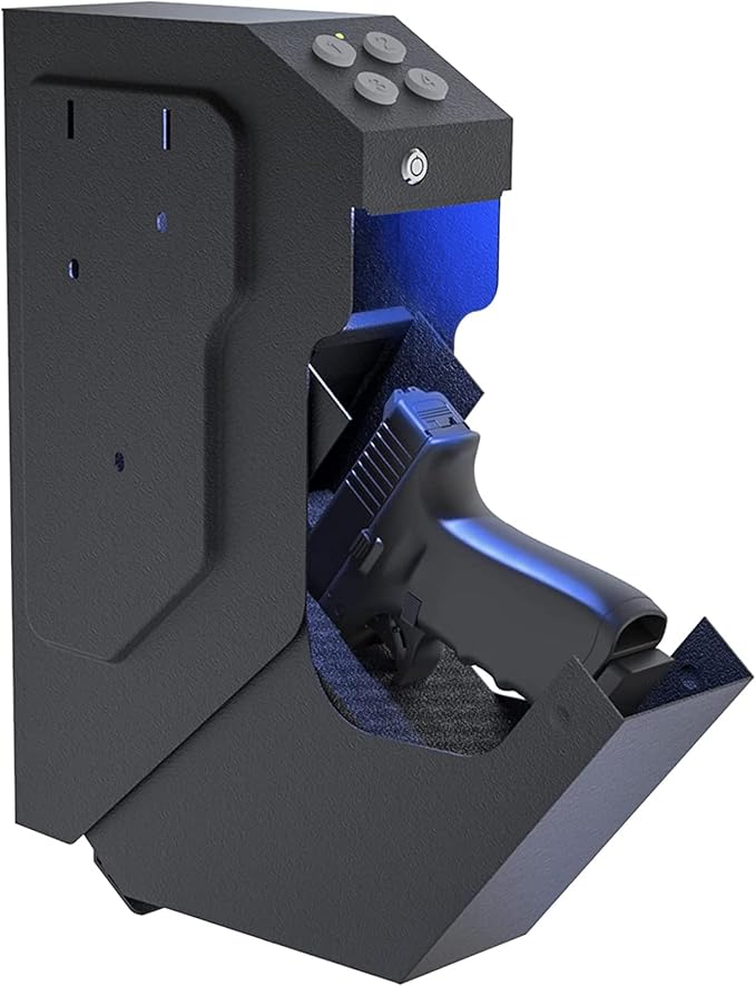 VERPROOF Gun Safe Quick Access Handgun Firearm Safes for Pistols Drop Down Single Gun Safety for Nightstand Wall Mount Bedside Desk Vehicle Bed Personal Safe with Keypad Lock and Key Lock