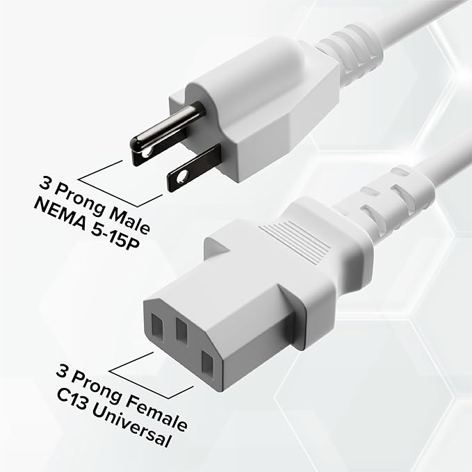 THE CIMPLE CO 5 Feet, White - 3 Prong AC Power Cable for Computer, Medical, Server, Desktop - C13 Power Supply Cord - NEMA 5-15P to C13 IEC 320 - (1.5 Meter)
