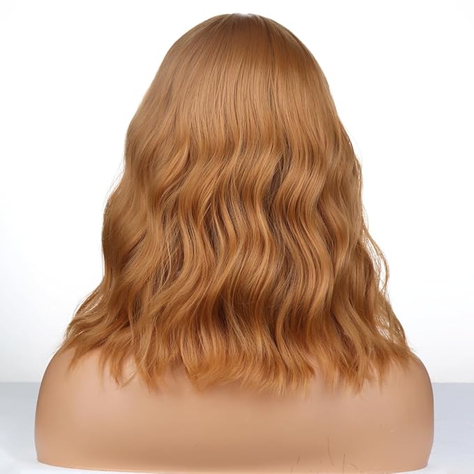 Strawberry Blonde Wig Short Bob Wig Short Curly Wavy Wig With Bangs for Women Girls Blonde Wig Heat Resistant Synthetic Hair Wigs for Daily Use Cosplay Wig With Wig Cap