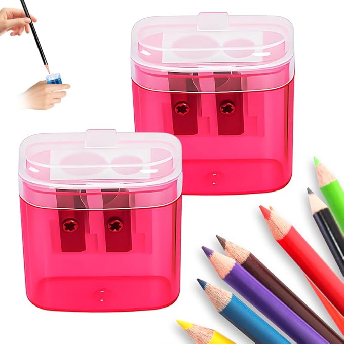 Pencil Sharpeners with Lid, Dual Holes Handheld Pencil Sharpener Manual for Standard and Jumbo Pencils, Compact Cute Sharpener for Kids Adults Students School Home Office (Pink*2)