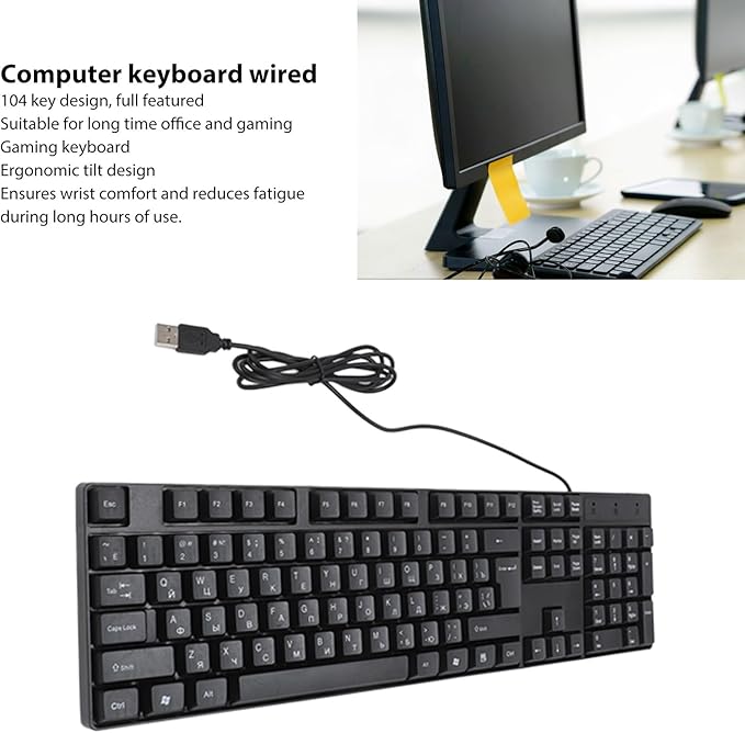 Minority Language Keyboard with USB Cable (Russian, Spanish, French, English), 4.9 ft. 104-Key Cable, Ergonomic Design Stable Performance, Plug and Play for Desktop and Laptop (Russian)