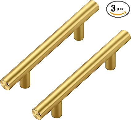 JOY DECOR 3 Pack Cabinet Handles, Gold Cabinet Pulls, 3 in Hole Center Kitchen Cabinet Handles, Stainless Steel T Bar Handles for Dresser Drawers