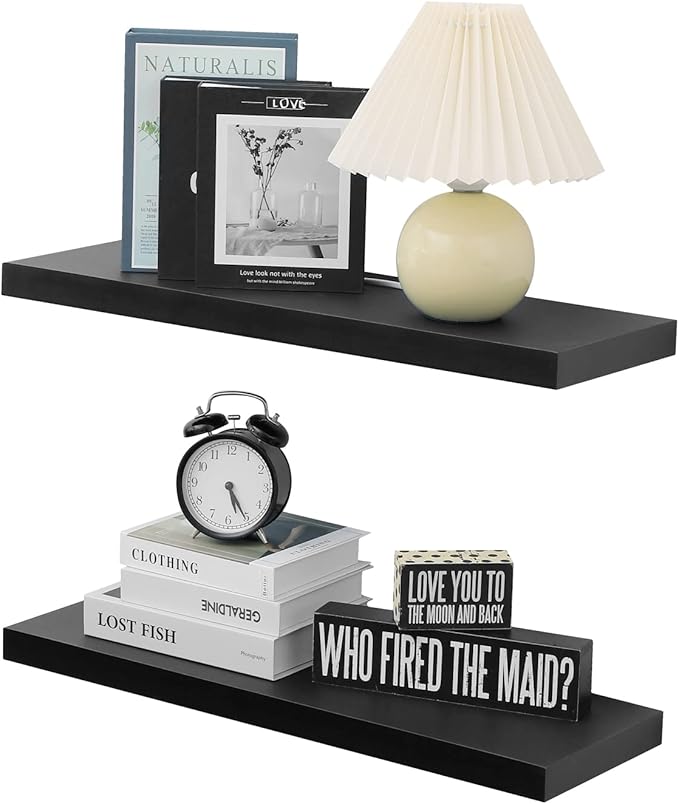 WELLAND Set of 2 Floating Shelves Wall Mounted Shelf, for Home Decor with 8" Deep (Black, 24 inch)