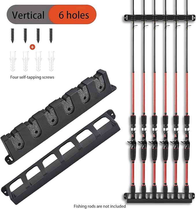 Fishing Rod Holder for Garage Vertical Wall Mounted Stores 6 Rods or Combos Fits Most Rod Diameters (Vertical Black, 1 Pair)