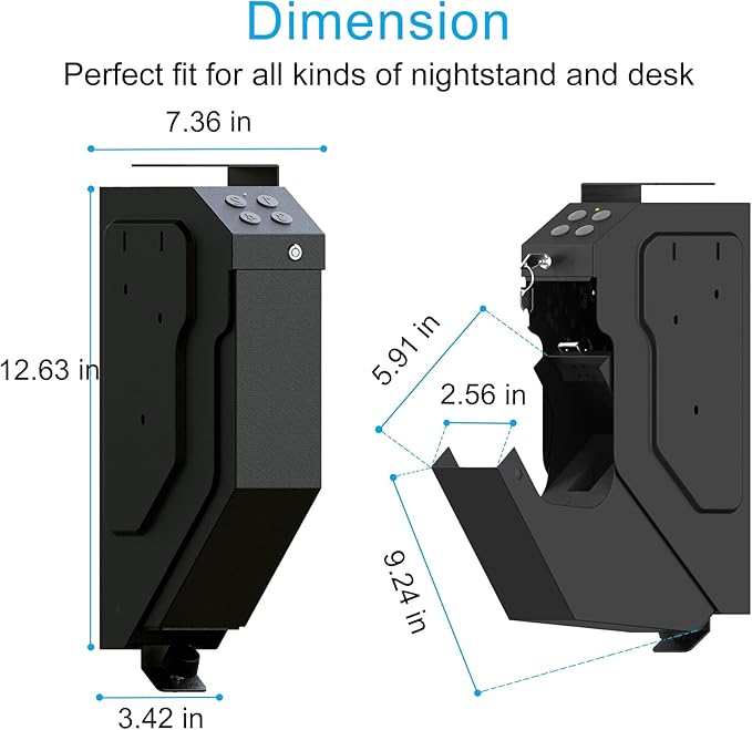 VERPROOF Gun Safe Quick Access Handgun Firearm Safes for Pistols Drop Down Single Gun Safety for Nightstand Wall Mount Bedside Desk Vehicle Bed Personal Safe with Keypad Lock and Key Lock