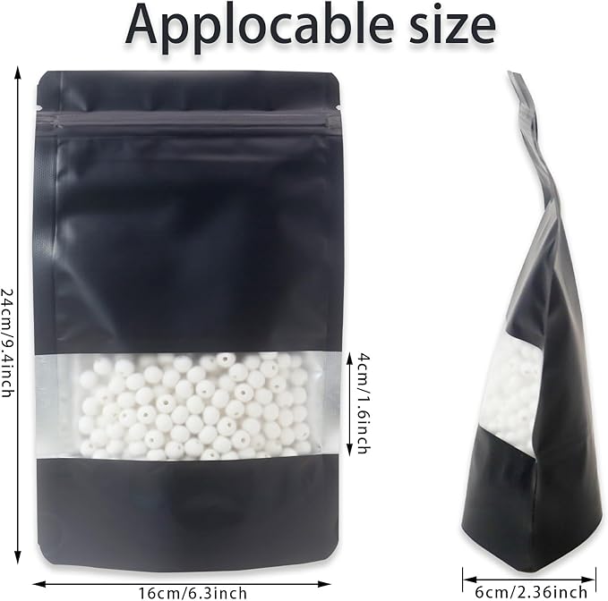 50 Pieces Black Smell Proof Bags-6.3x9.4inch Resealable Matte Metallic Ziplock Coffee Bags, Stand Up Food Storage Bags with Window, Foil Pouch Sealable Bags for Small Business