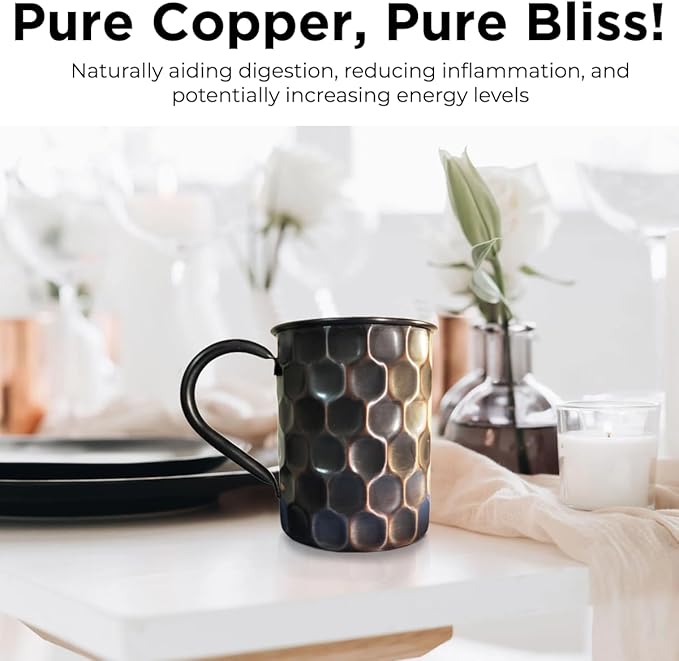 Premium Ayurvedic Copper Mug With Handle- 16OZ473ML Pack of 1 Black Honeycomb Design 100 Pure Copper Moscow Mule Mugs For Drinking Party Mugs Drink Ware Mugs for Drinks