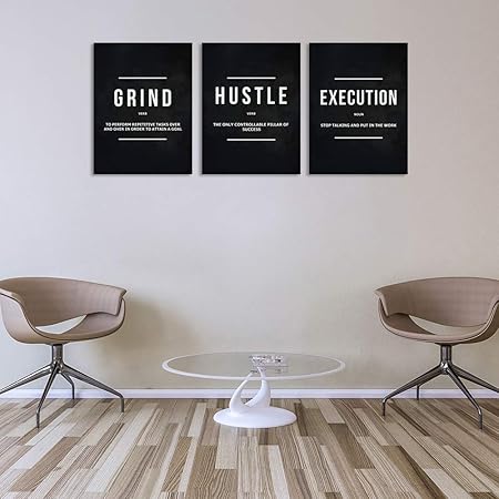 Motivational Office Wall Decor Inspirational Success Canvas Wall Art Hustle Posters Prints Entrepreneur Quote Wall Picture Paintings 3 Pieces Artwork Home Bedroom Framed Easy to Hang(36Wx16H)