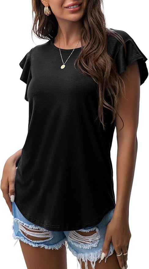 PrinStory Women's Ruffle Tops Summer Casual Short Sleeves Knit Shirts Round Neck Tunic Top for Women 2025 Fashion Trend