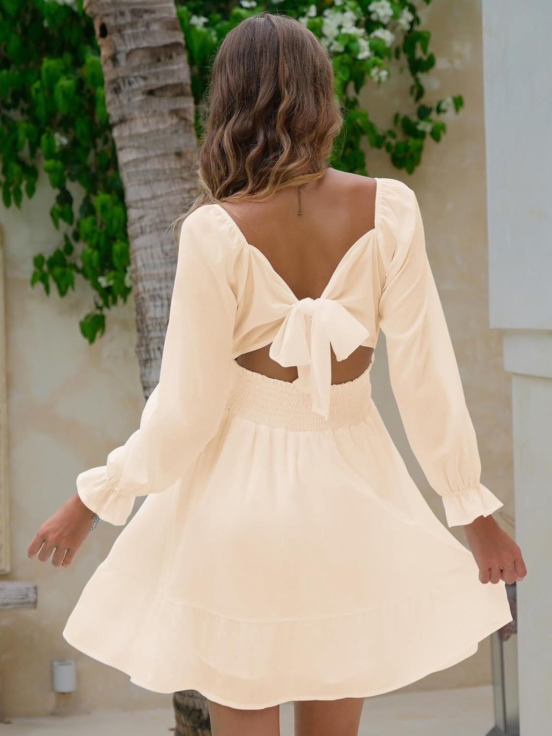 Yellow, Size Small EXLURA Women's 2026 Casual Long Lantern Sleeve Dresses Square Neck Ruffle Tie Back Elastic Waist Aline Short Mini Dress
