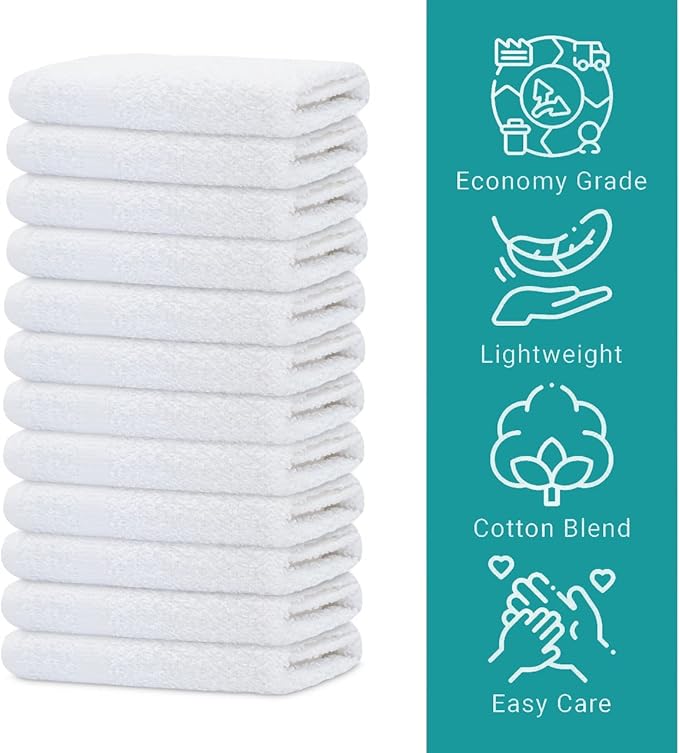 GOLD TEXTILES 60 Pack Economy White Washcloths Set (12x12 inches) - Cotton Blend Commercial Grade Cleaning Rags, Quick Drying Soft Face Cloths, Fingertip Towels for Bathroom, Spa, Gym, and Kitchen