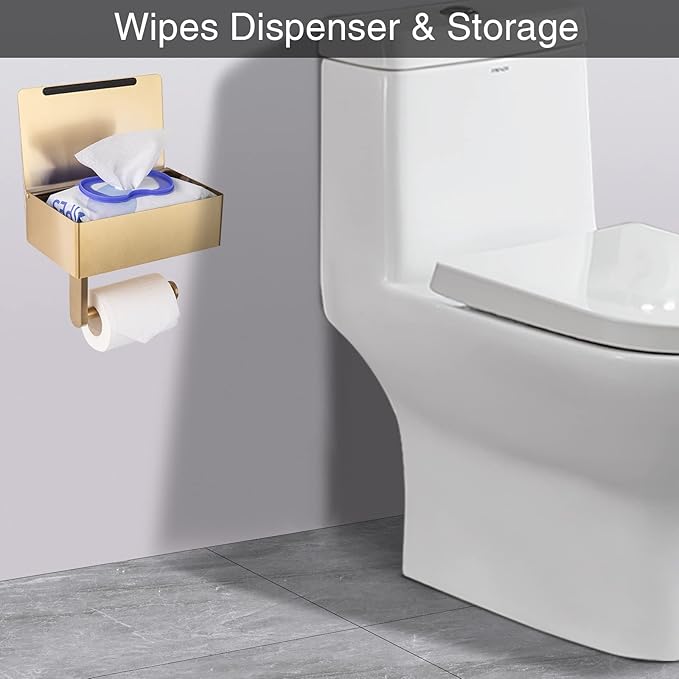 Adhesive Toilet Paper Holder with Shelf and Storage, Wall Mount Toilet Paper Roll Holder Flushable Wipes Dispenser Set Fits Any Bathroom, Stainless Steel Tissue Holder-Round, Gold