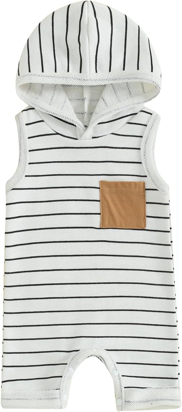Infant Toddler Baby Boy Girl Sleeveless Hooded Romper One Piece Striped Jumpsuit Coverall Newborn Summer Clothes