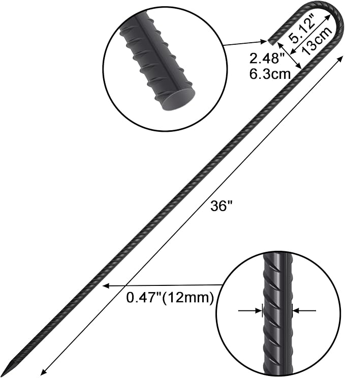 AAGUT 20 Pack Rebar Stakes J Hook 36 inch Heavy Duty Trampoline Stakes Steel Ground Anchors with Chisel Point End for Camping Tent Canopy and Chain Link Fence,Black