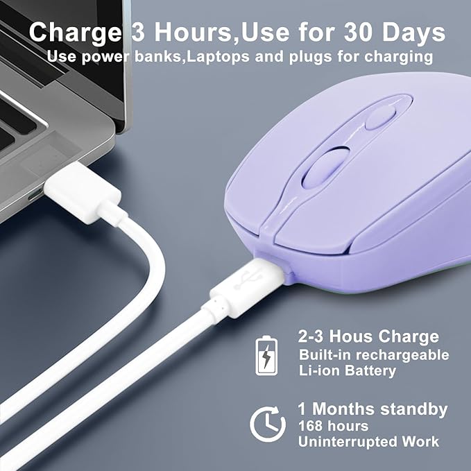 Bluetooth Mouse,Rechargeable Wireless Mouse for LaptopiPadMacBook ProAir, Silent Mouse Portable Slim for Surface ProPCLenovoSamsung Tablet (Purple)