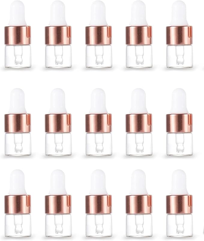 50 Pcs Mini Glass Dropper Bottle Lab Dropping Bottles Essential Oil Dropper Bottles Cosmetic Sample Vials Dropping Sample Containers Eye Dropper Dispenser (Rose Gold, 1ML)