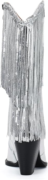 VARECOLA Fringe Western Cowboy Boots Metallic Cowgirl Boots for Women Pointed Toe Mid Calf Boots Fashion Party Boots
