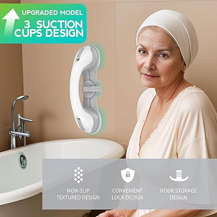 2-Pack Shower Handle Safety Grab Bars with 3 Suction Cups for Bathtubs and Showers - Bathroom Rails Aid for Seniors, Elderly, Handicap - Wall Bath Tub Toilet Support (Grey)