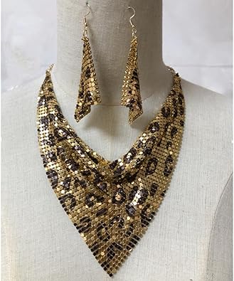 SIQITECHNO Shiny Metal Triangular Scarf Necklace with Earrings Set Metal Sequins Choker Necklace Adjustable Metal Mesh Statement Necklace Sequins Collar for Women