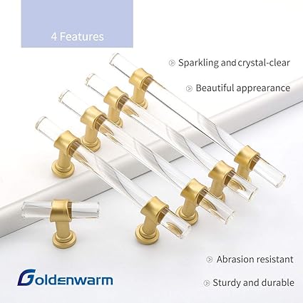 goldenwarm 5 Pack Gold Kitchen Cabinet Hardware Acrylic Drawer Pulls - LS9165GD90 Modern Cabinet Handles Lucite Drawer Pulls Dresser Handle Bar Pull Drawer Handles