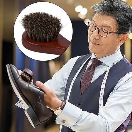 Horsehair Shine Shoes Brush Kit Polish Dauber Applicators Cleaning Leather Shoes Boots Care Brushes Suede Cleaner Coat Sofa Car Cushion Brush with Microfiber Shoe Cloth Wooden Handle, Type 2