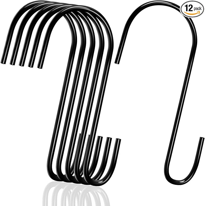 12 Pack 4 Inch S Hooks for Hanging Spoons Pans Pots Kitchenware, Metal S Hooks for Hang Clothes Bags Plants, Apply Bathroom Office Tool Room, Black