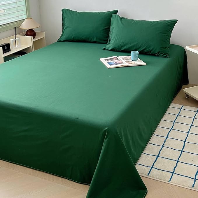 Flat Bed Sheets Cotton, Solid Color Bed Sheets and 2 Pillow Covers, Mattress Protector | Dark Green, Queen (160x230cm)