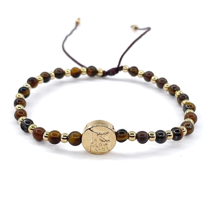 St Michael Archanel Coin and Natural Round White Turquoise Beads Adjustable Bracelet for Women (Brown Tiger Eye)