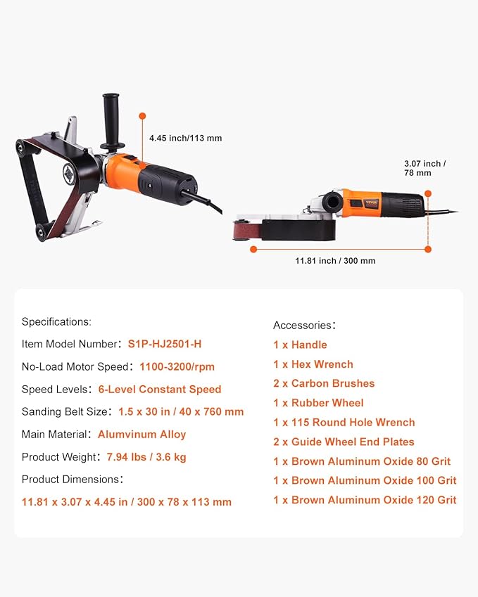 VEVOR 1000W Pipe Belt Sander, 6-Speed Tube Polisher 1100-3200rpm, Handheld Grinding Sanding Tool with 3PCS Sanding Belts, Ideal for Rust Burnishing Finishing Removal