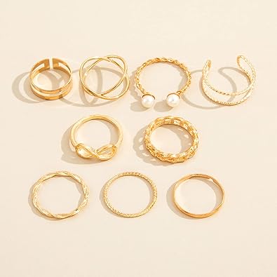 9x Bohemian Finger Ring Adjustable Band Ring Pearl Open Ring Silver Stackable Ring for Party Dress Accessory Birthday