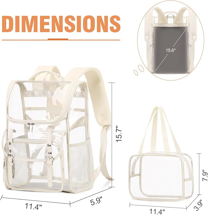 Clear Backpack with Clear Bag Set, Leather Clear Backpack Heavy Duty Thick PVC Clear Bookbag Fashion See Through Transparent Backpack with Support Pad for College Travel Work Security Beige