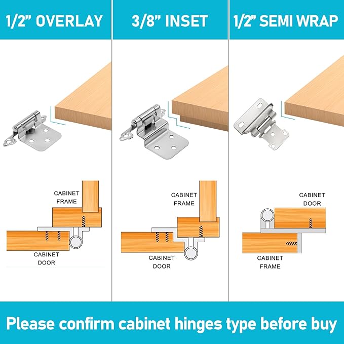 4 Pack 2 Pairs 38" Inset Kitchen Cabinet Hinges - Brushed Nickel Semi-Concealed Satin Nickel Self Closing Cabinet Door Hinges - Flush Face Mount Cupboard Hardware