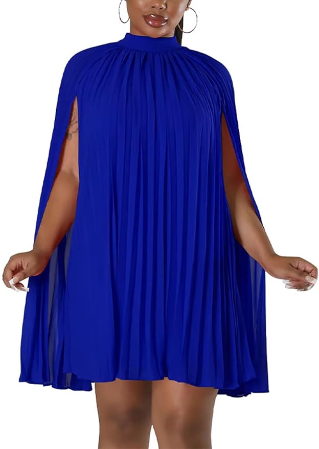 Women’s Casual Cape Sleeve Pleated Split Short Dress Loose Fit Cocktail Party Flowy Dress
