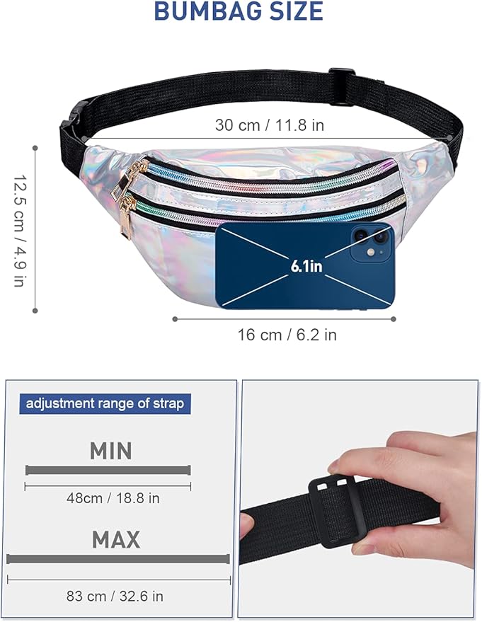 LIVACASA Holographic Fanny Packs for Women Cute Waist Packs Shiny Waist Bum Bag Waterproof for Travel Party Festival Running Hiking All Silver 50+ bought in past month