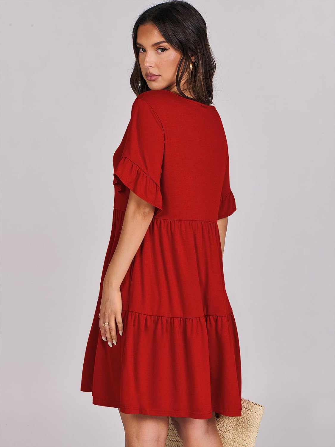 ANRABESS Dresses for Women Summer 2026 V Neck Ruffle Sleeve A Line Tiered Flowy Casual Trendy Mini Beach Dress with Pockets