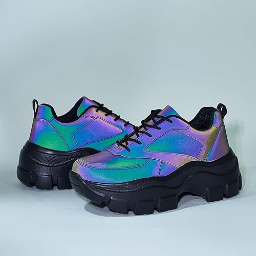 LUCKY STEP Women Chunky Platform Dad Colorblock White Neon Green Fuchsia Hologram Silver Casual Lace-Up Walking Sneakers
