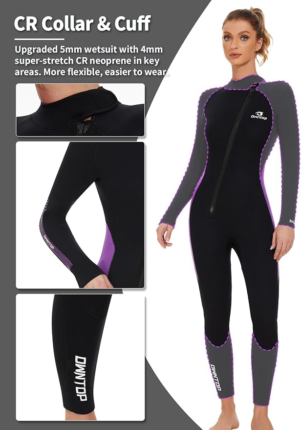 Owntop Wetsuit 5mm Neoprene Diving Suit - Mens Womens Thicken Full Wet Suit, Front Zip Long Sleeve UPF50+ Keep Warm Swimwear for Scuba Surfing Swimming Diving Snorkeling Water Sports