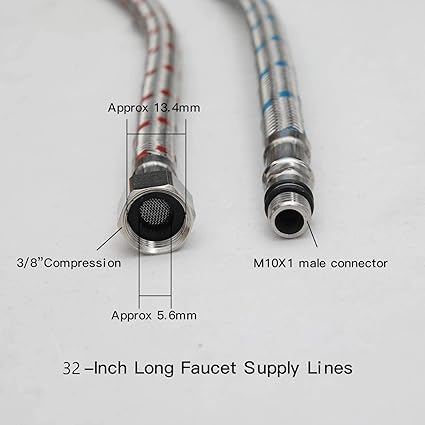 Homevacious 32-Inch Long Bathroom Kitchen Faucet Connector Braided Supply Hose 38-Inch Female Compression Stainless Steel Thread x M10 Male Connector, x 2 Pcs (1 Pair)