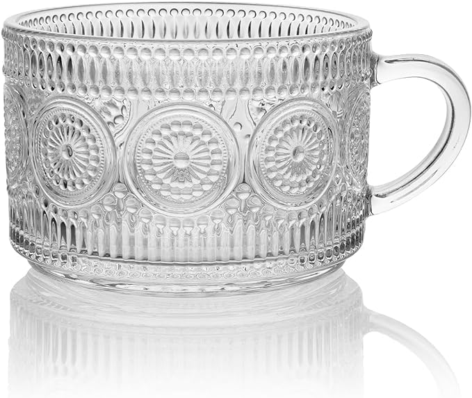 Vintage Glass Tea Cups, VIntage Glass Coffee Mugs 14 Oz. for Cappuccino, Latte, Cereal, Yogurt, Desserts, Any Beverage HotCold, Embossed Glassware with Handle (Sunflower Design)