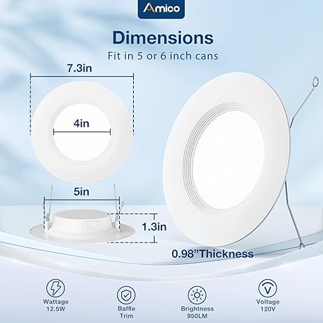 Amico 1 Pack 56 inch 5CCT LED Recessed Lighting, Dimmable, IC Damp Rated, 12.5W100W, 950LM Can Lights with Baffle Trim, 2700K3000K4000K5000K6000K Selectable, Retrofit Installation - ETL FCC
