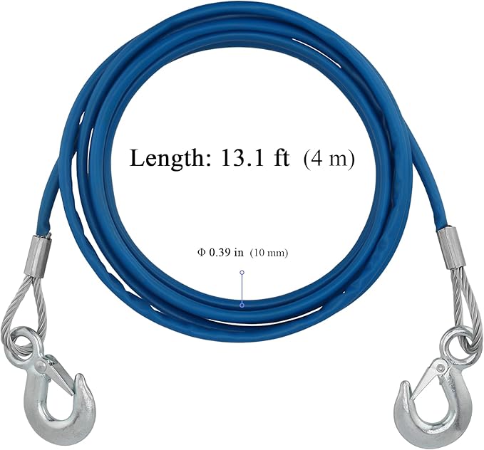KEILEOHO 2 PCS 38 Inch x 13Ft Heavy Duty Tow Cable, Steel Wire Rope with Hook, Winch Cable with PVC Casing for Towing Truck, Wrecker, Crane, 11023 Lbs Breaking Strength, Blue
