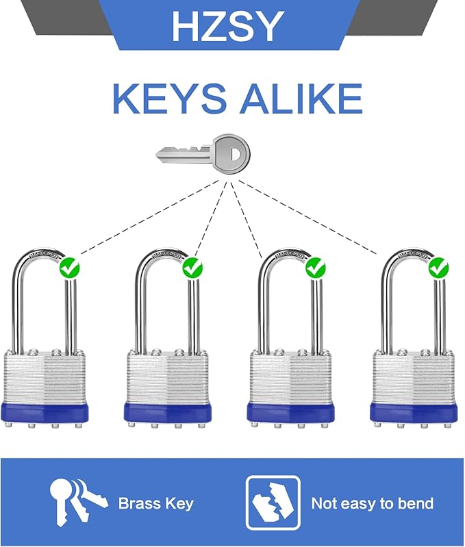 Padlocks Keyed Alike, Pack of 2, Laminated Steel Keyed Lock (1-9/16", 40mm), Padlocks with Same Key, Long Shackle, for Toolbox, Locker & StorageUnit or More