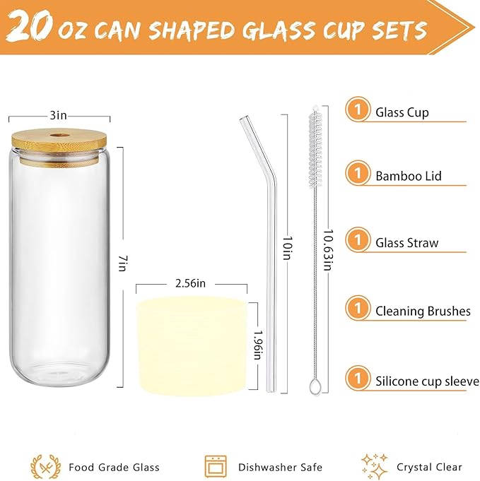 Glass Tumbler with Straw and Lid 20 Oz,Glass Coffee Cups Tall Water Bottle Straw Bamboo Lid Silicone Protective Sleeve Brush- BPA Free -Dishwasher Safety-Pale Yellow