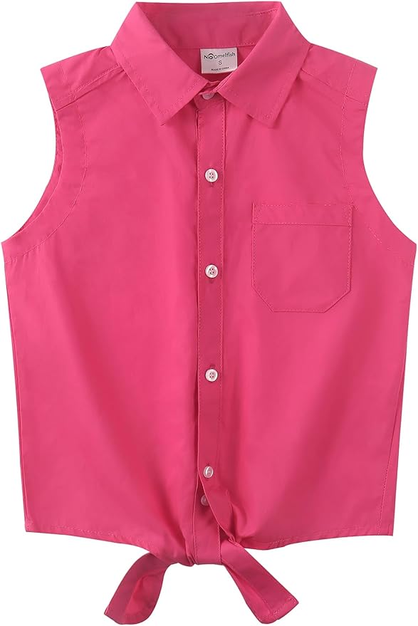 Noomelfish Girls Sleeveless Button Down Shirt Tie Knot Blouse Tank Tops (5-12 Years)
