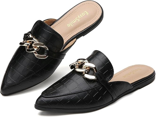 Metal Chain Decor Flat Mules for Women Closed Pointed Toe Slip on Loafers Slides Backless Mules Shoes