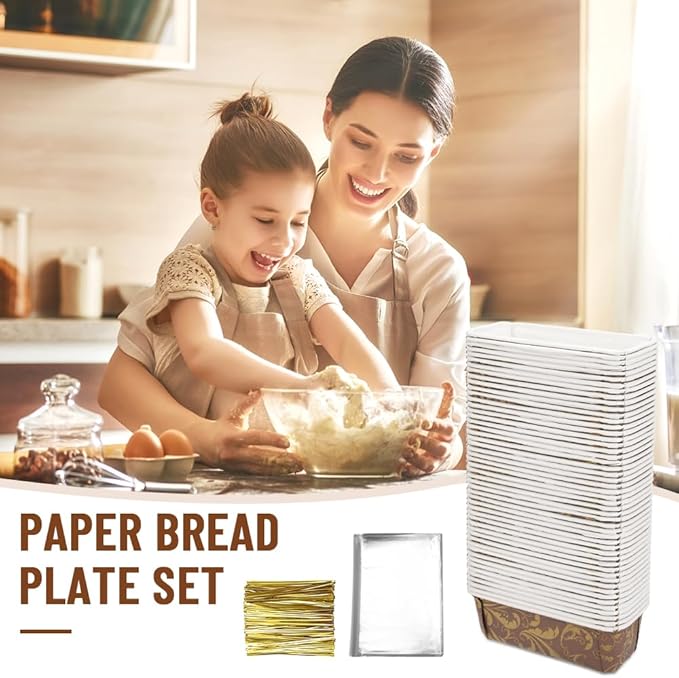 50 PCS Paper Loaf Pans for Baking, 7 Inch Disposable Baking Pans with Clear Plastic Bags and Ties, Rectangle Paper Bread Pans for Cake Bread Oven Loaf Bakery