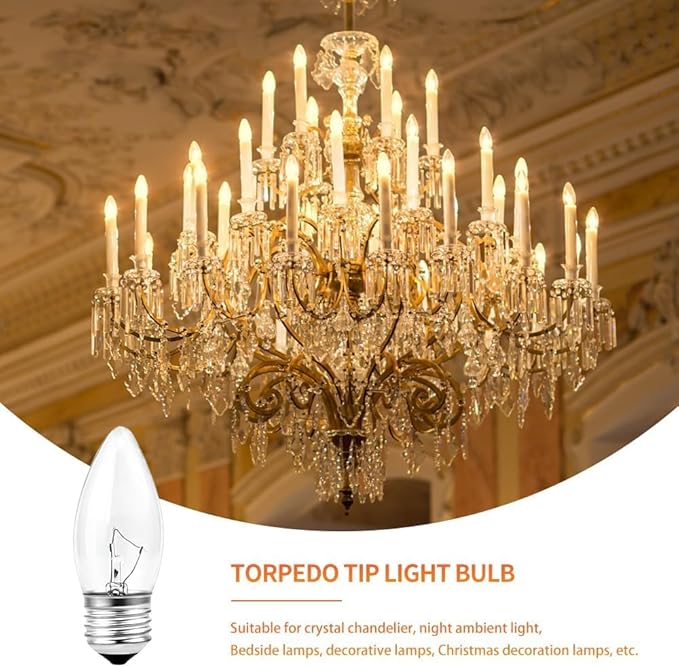 40W Incandescent Equivalent Energy Torpedo Tip Chandelier with Crystal Clear Incandescent Light Bulbs Tip Light Bulb and Medium E26 Candelabra Base (6)